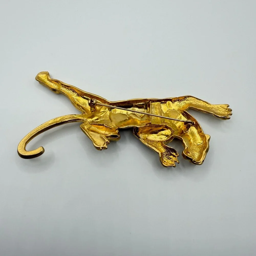Vintage Gold Tone Leopard Brooch Amber Rhinestone Black Enamel Cheetah Pin 4 In